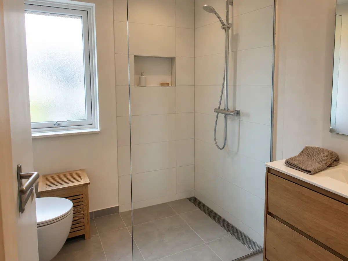 Renoveret badeværelse i et ældre hus med indbygget niche og glasafskærmning