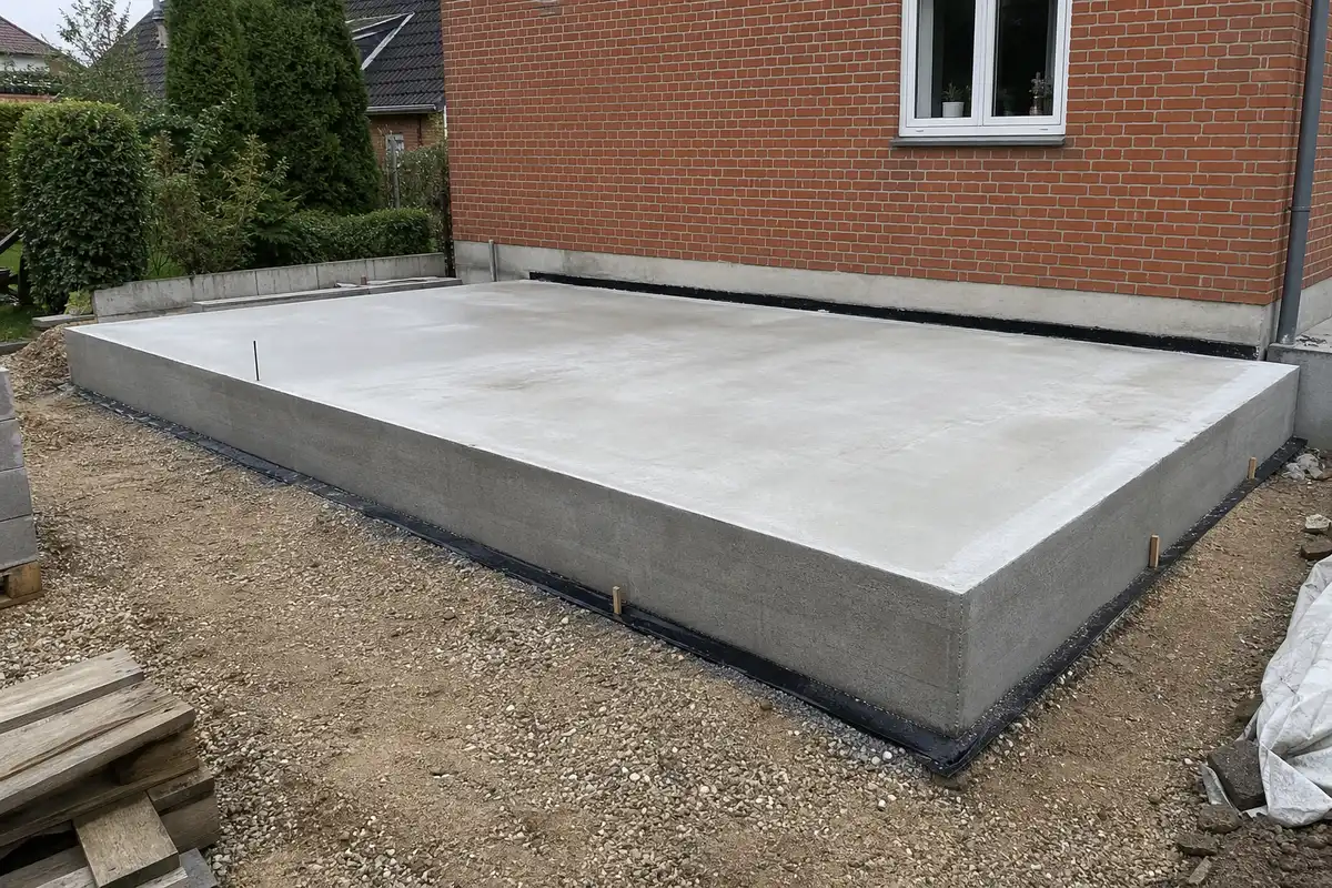 Nystøbt fundament og sokkel til en tilbygning ved et murstenshus